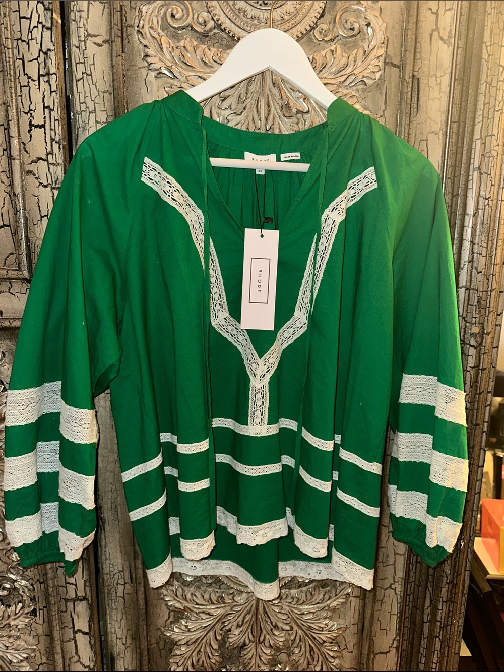 RHODE Green Lace-Trim Peasant Blouse